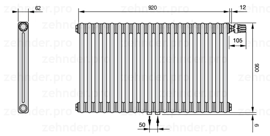 Схема (чертеж) Радиатор Zehnder Charleston 2090/20 №V008 Белый глянцевый RAL 9016